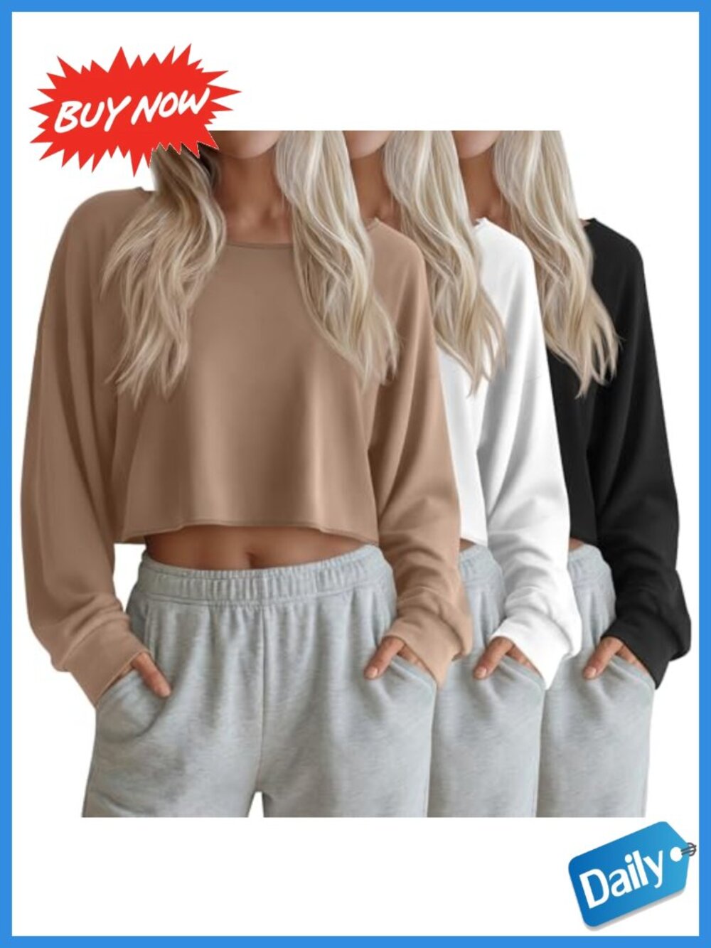 Women's Cropped Long Sleeve Boat Neck Tops 3 Pack Oversized